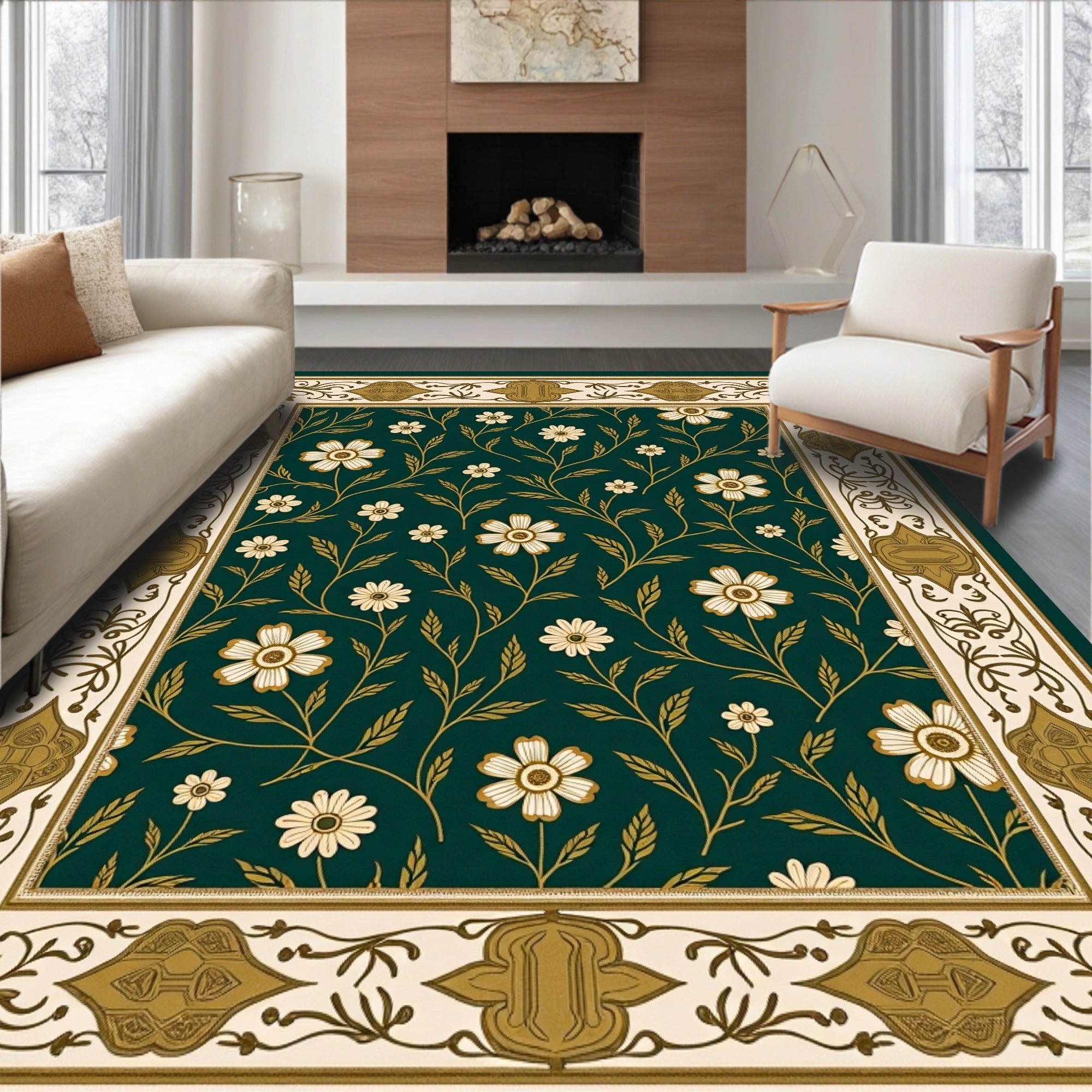 Emerald Green Floral Leaf Vine Rug