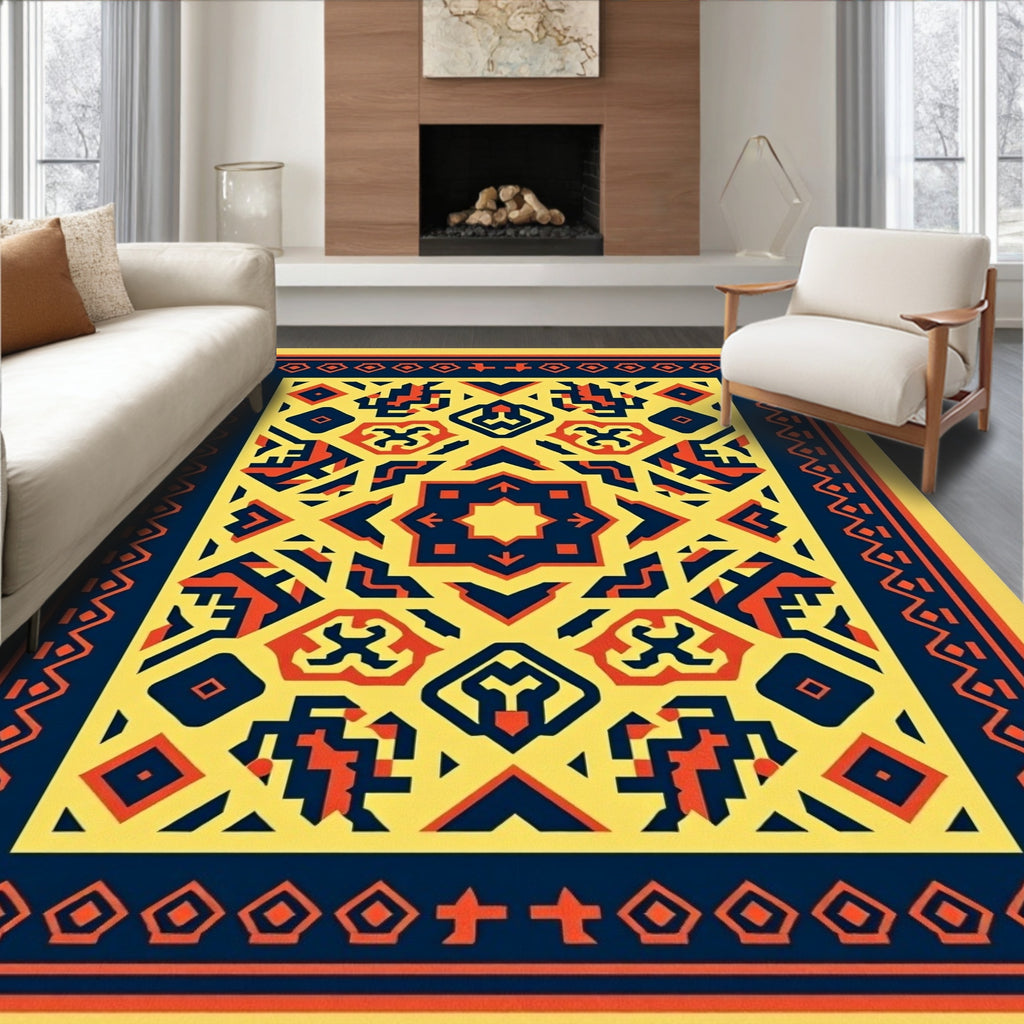 Bold Yellow Red Geometric Medallion Rug