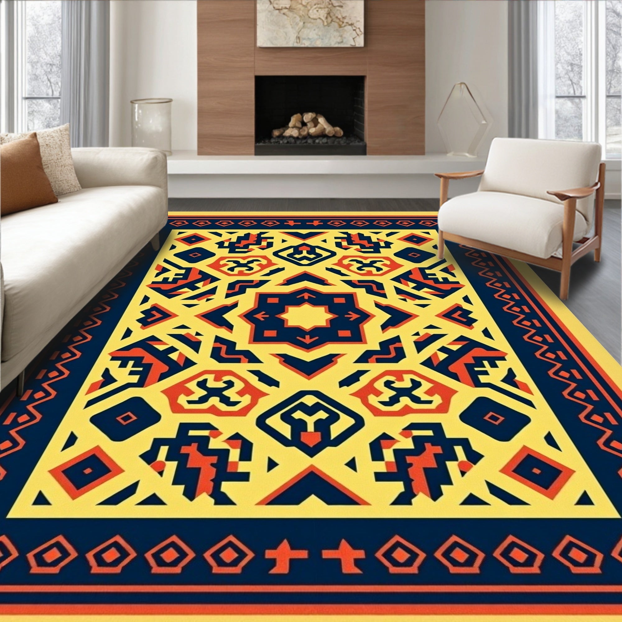 Bold Yellow Red Geometric Medallion Rug