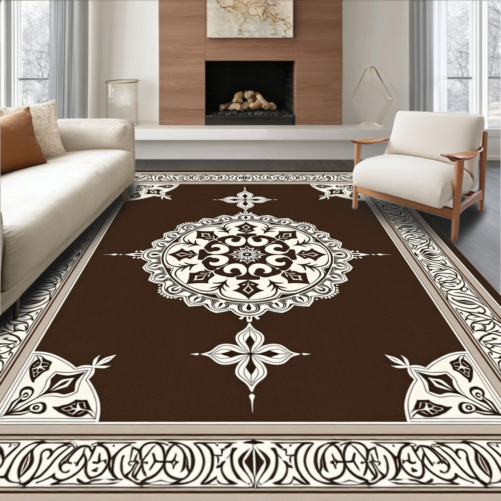 Rich Brown Cream Medallion Border Rug