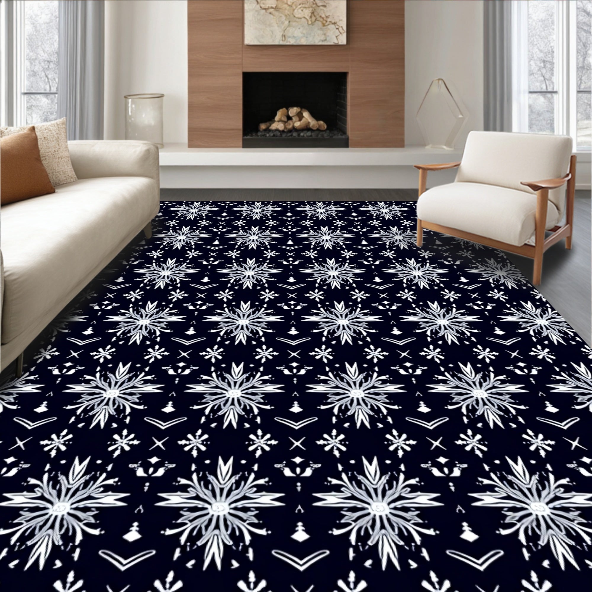 Dark Navy White Snowflake Symmetry Rug