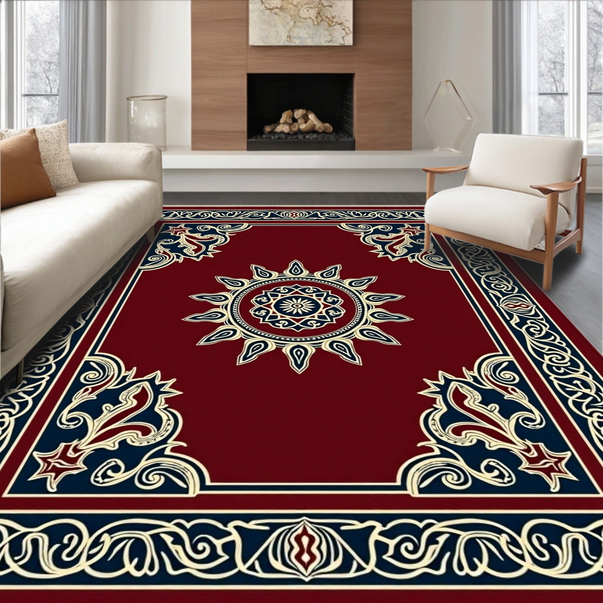Crimson Starburst Medallion Border Rug