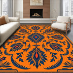 Bold Orange Blue Symmetrical Floral Diamond Rug