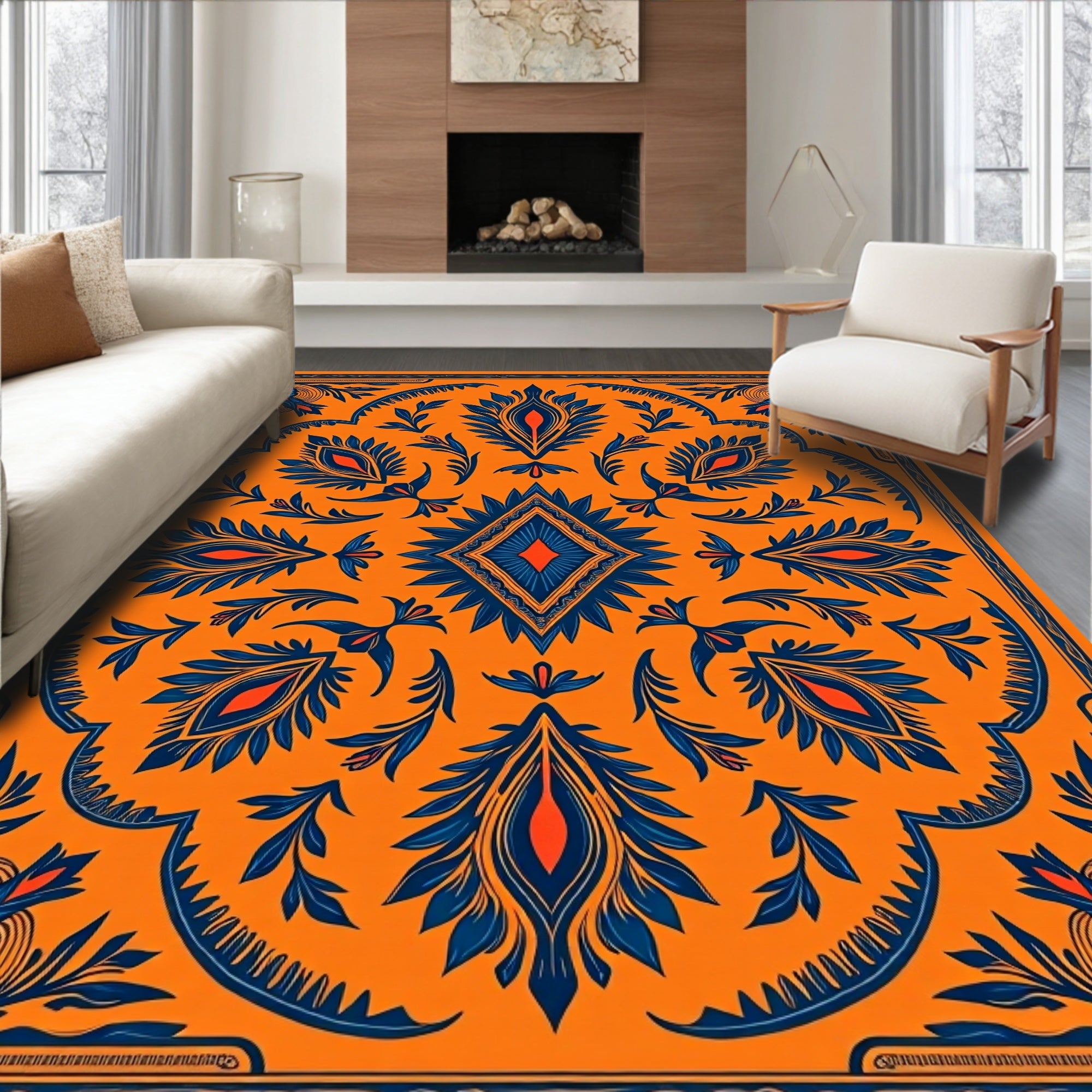 Bold Orange Blue Symmetrical Floral Diamond Rug