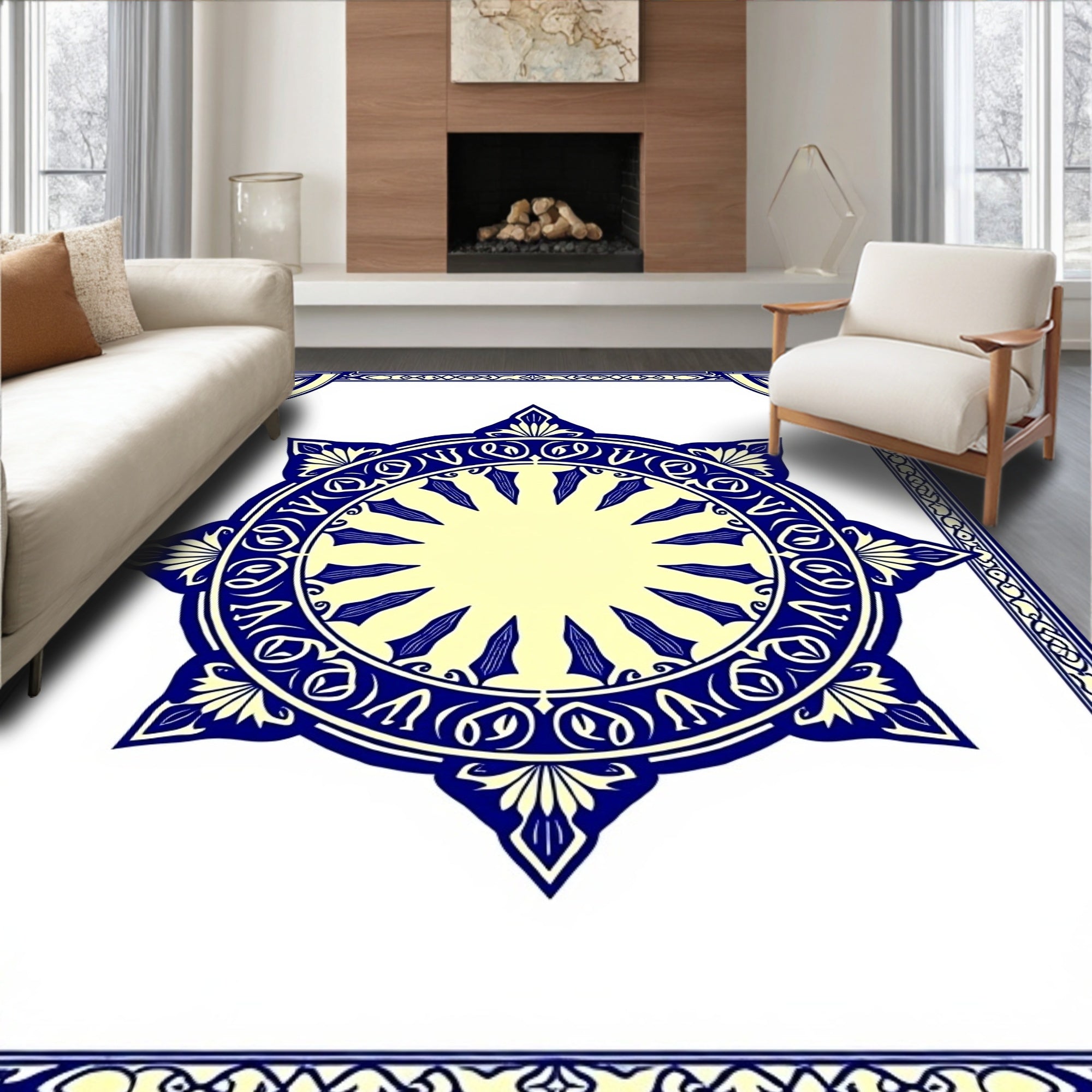 Ornate Blue and Cream Sunburst Rug