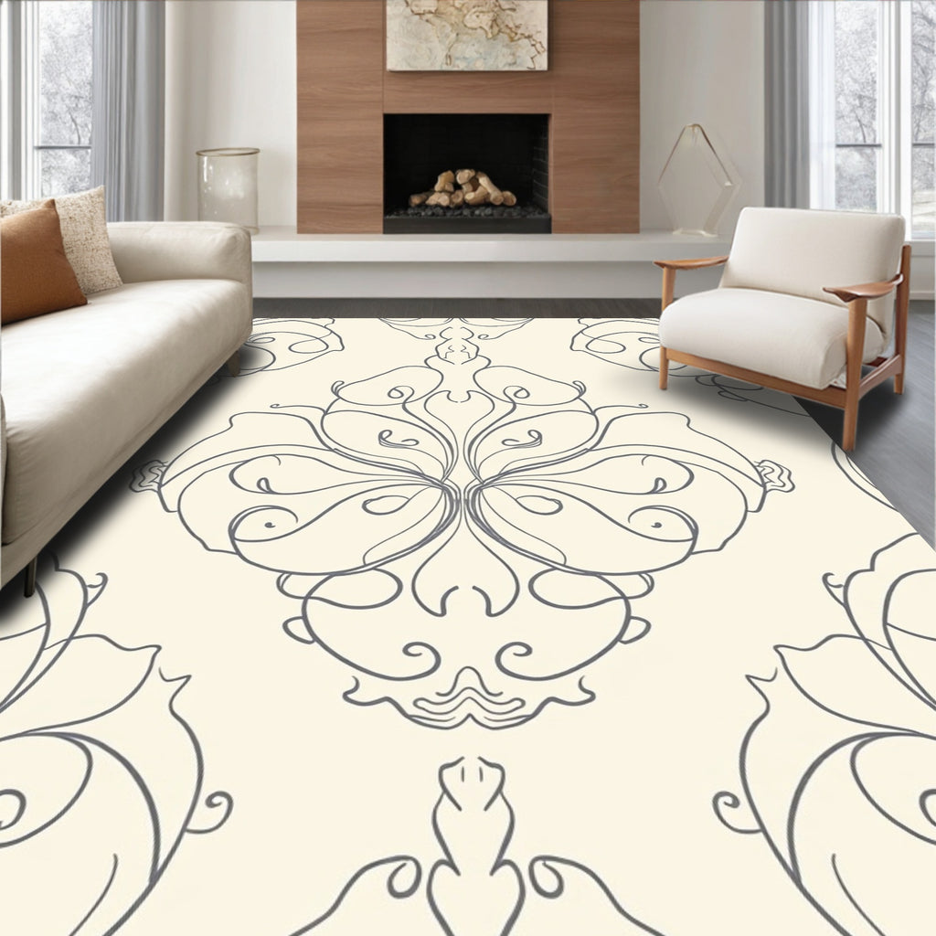 Cream Gray Swirling Damask Ornament Rug