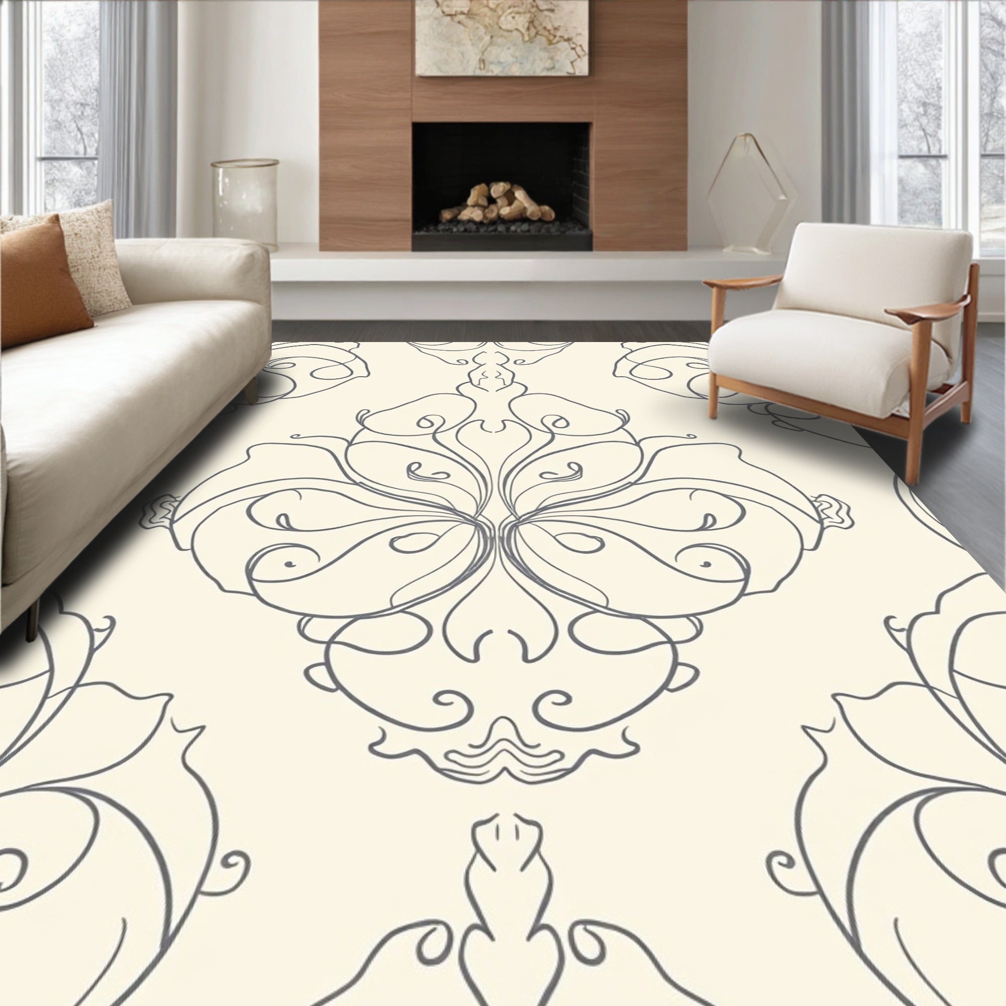 Cream Gray Swirling Damask Ornament Rug