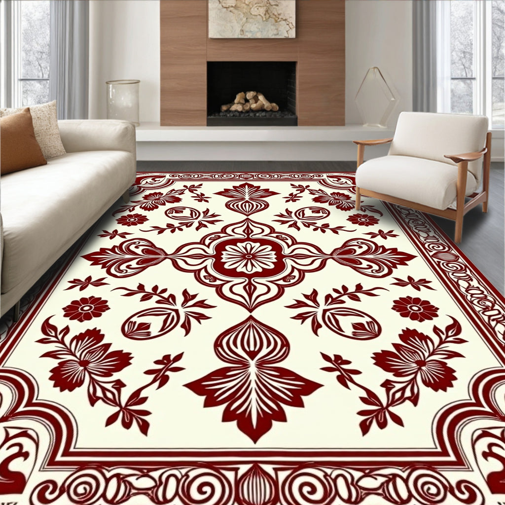 Crimson Red Ornate Floral Border Rug