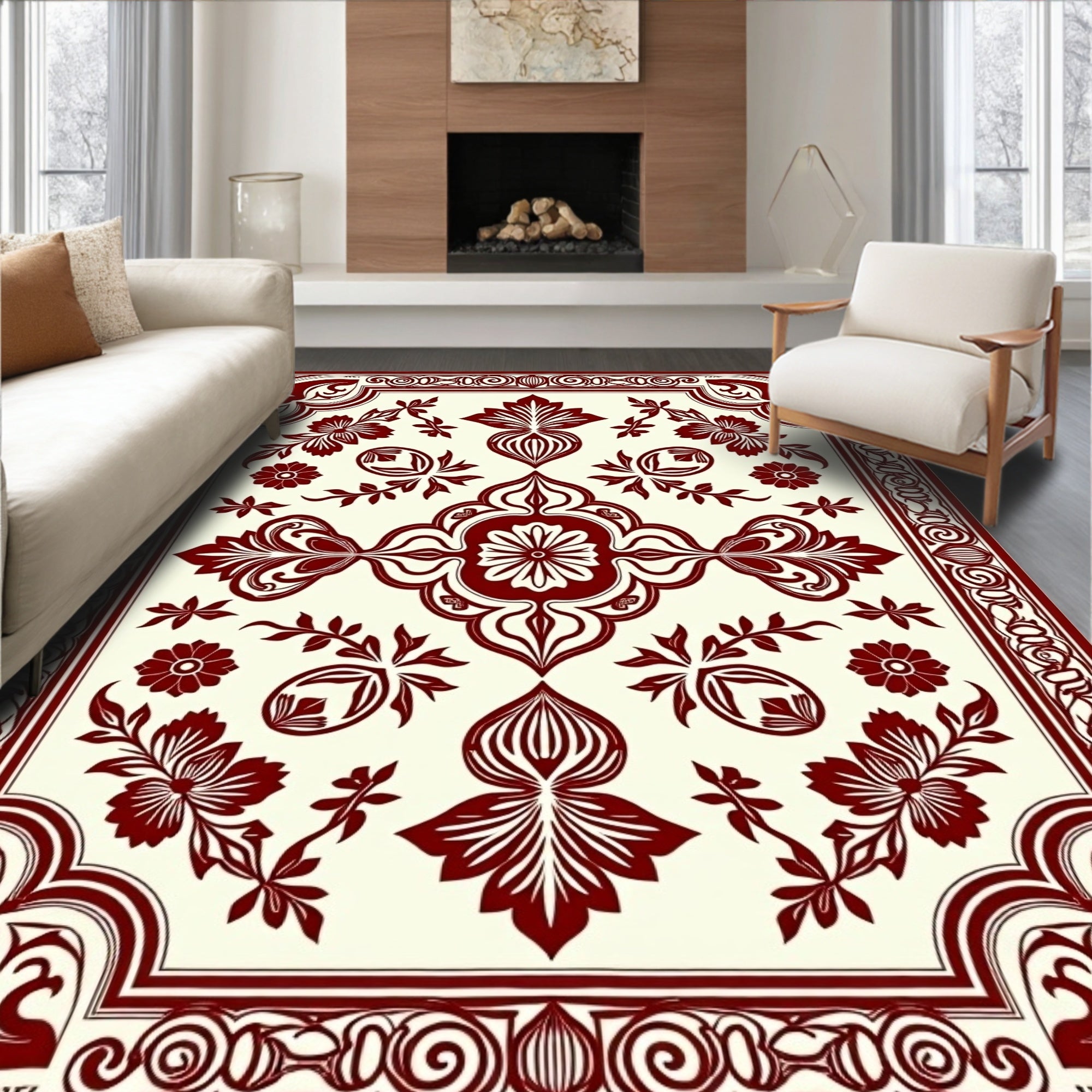 Crimson Red Ornate Floral Border Rug