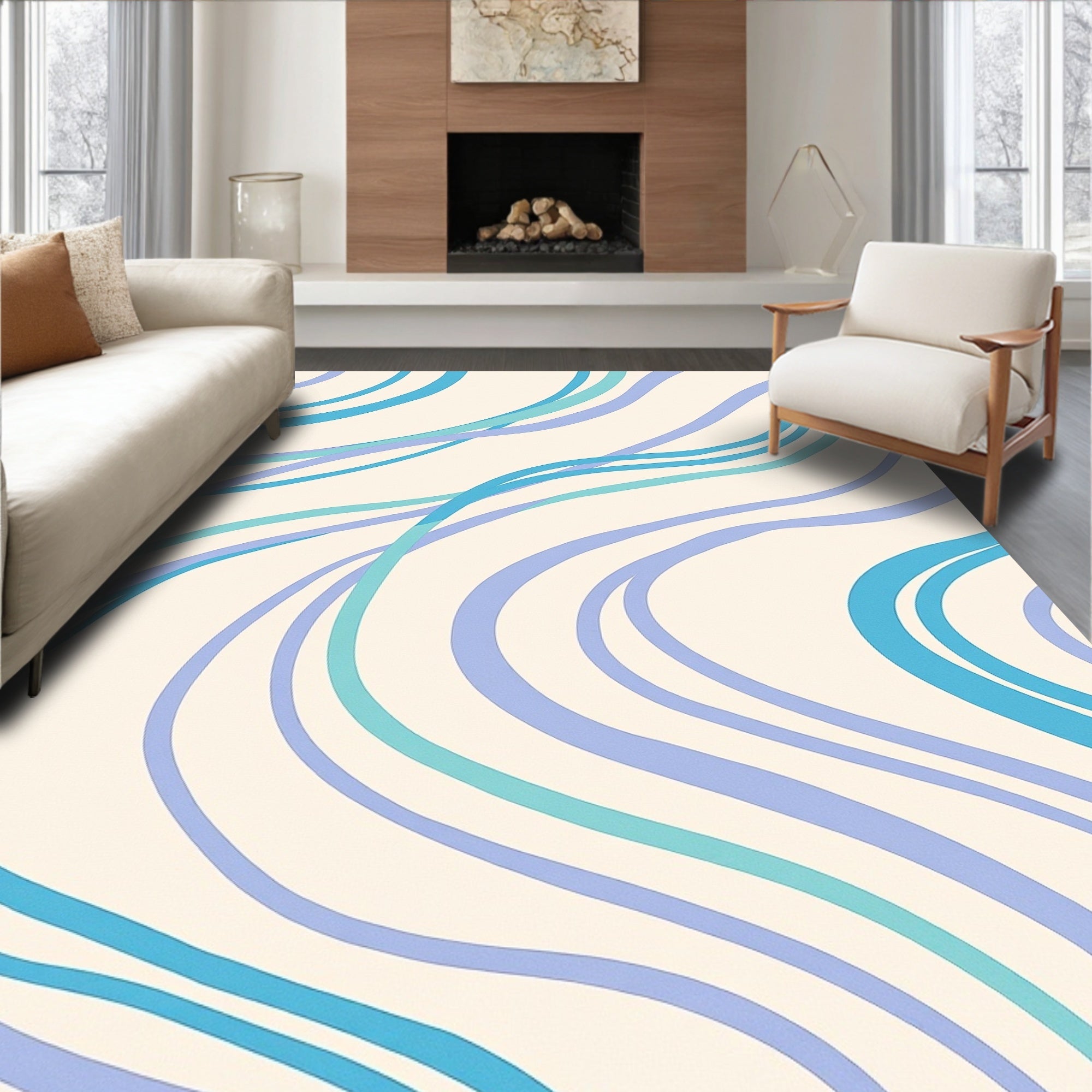 Cream Blue Swirls Flowing Lines Rug