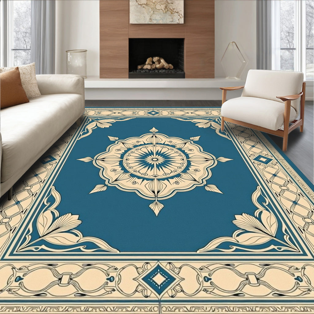 Teal And Cream Ornamental Medallion Rug