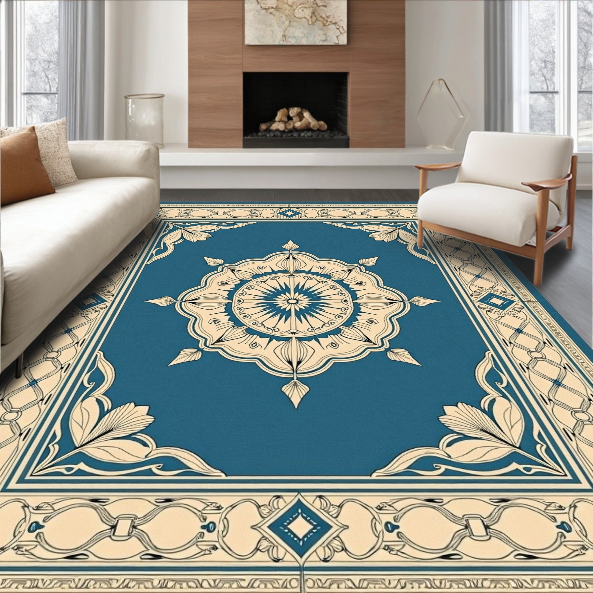Teal And Cream Ornamental Medallion Rug