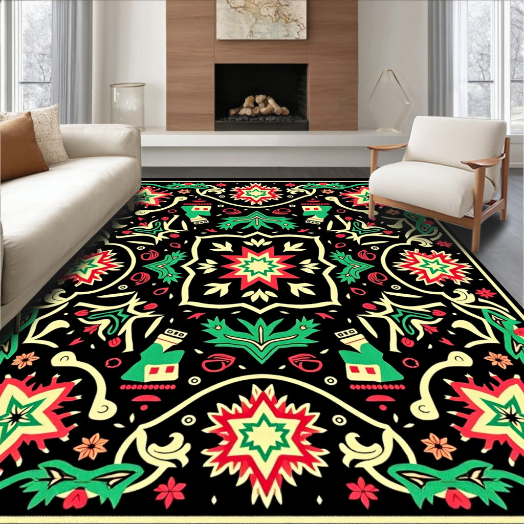 Vibrant Red Green Starburst Floral Rug