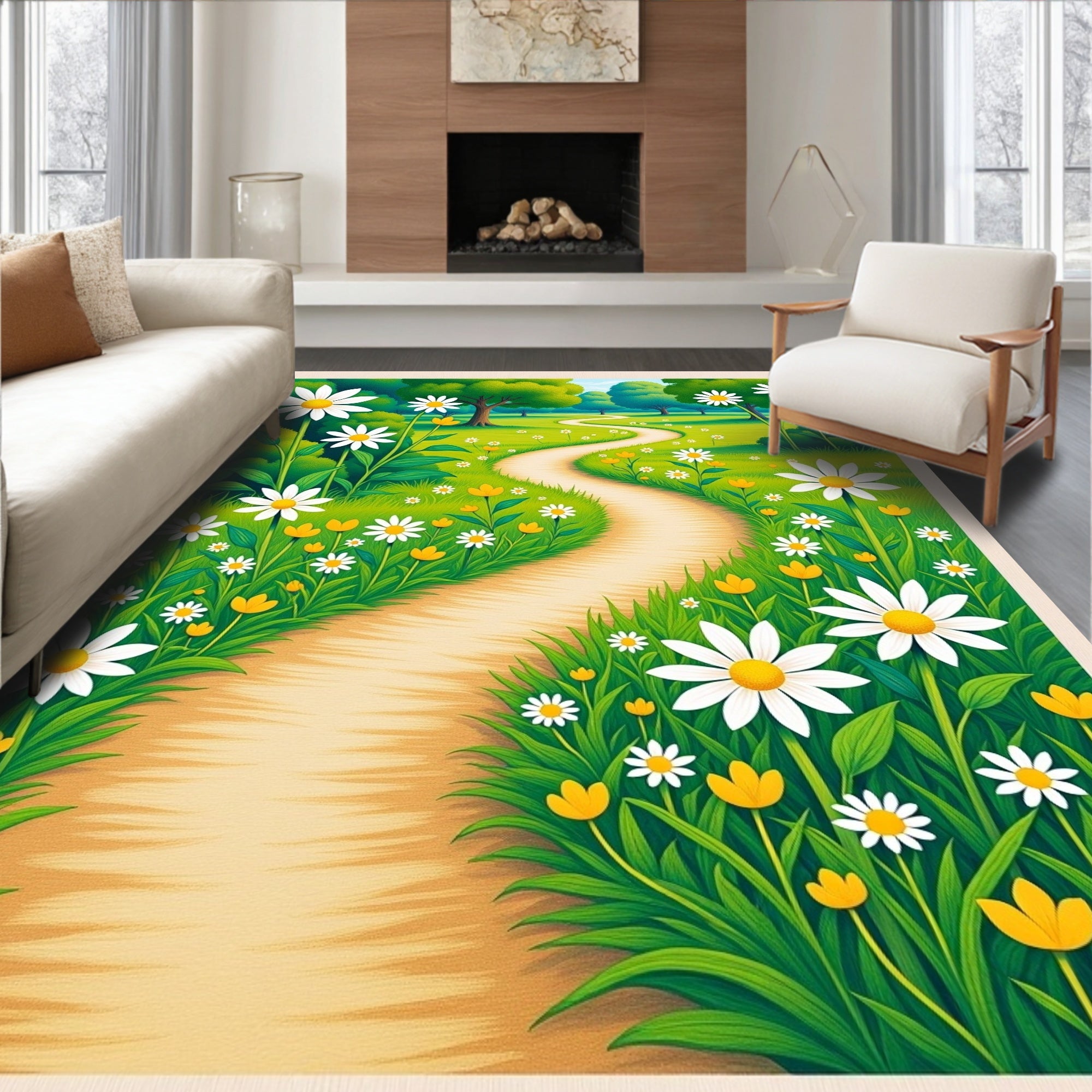 Whimsical White Daisy Meadow Path Rug