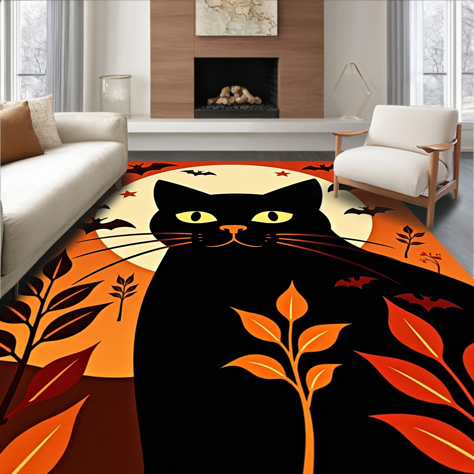 Black Cat Halloween Moon Bats Rug