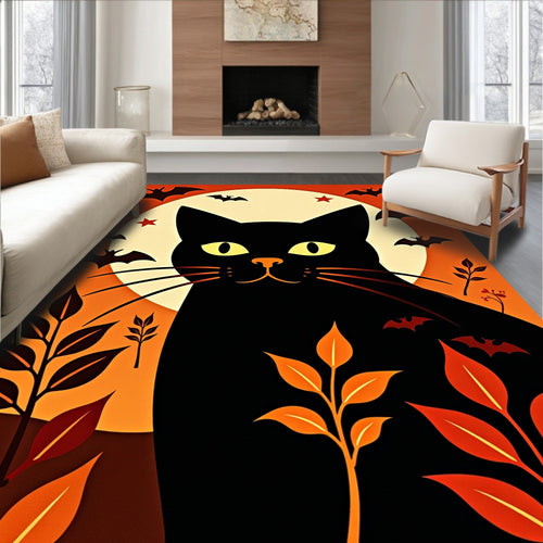 Black Cat Halloween Moon Bats Rug