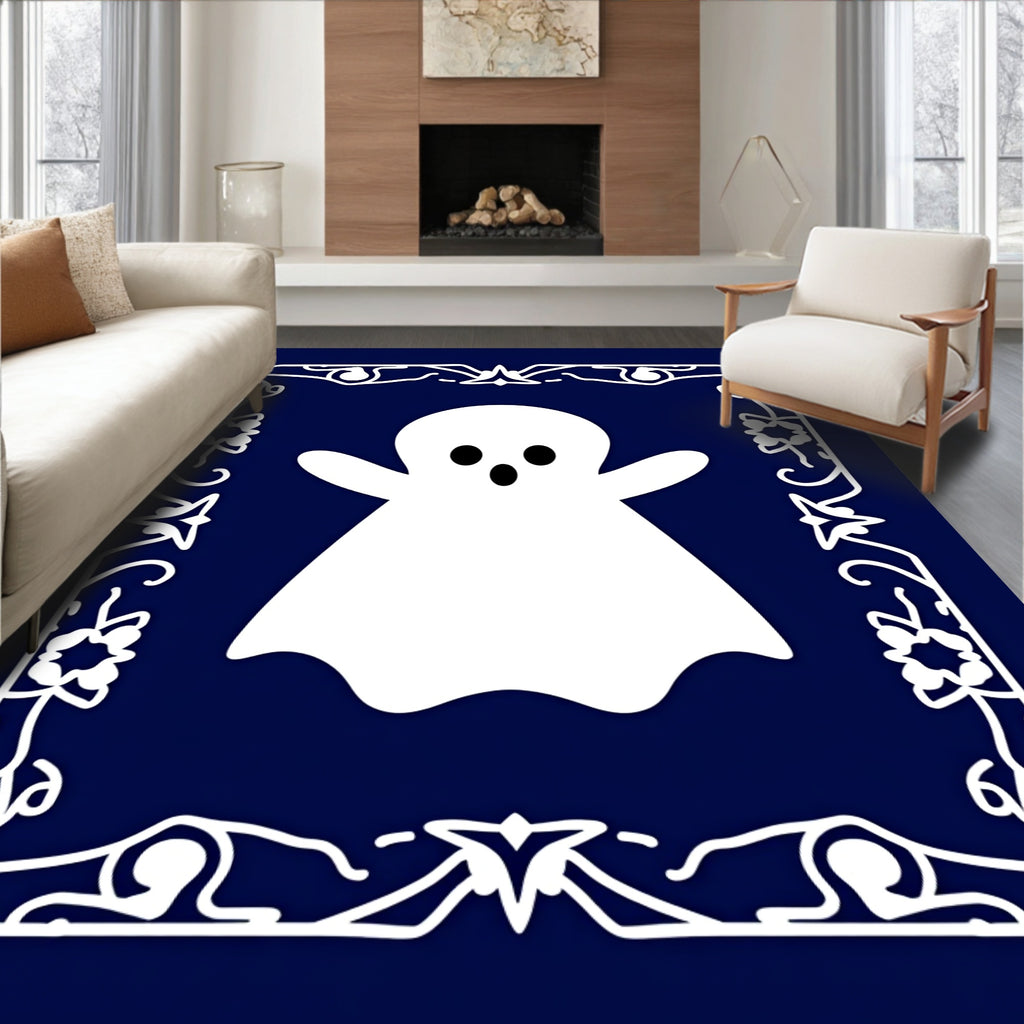 Playful White Ghost Ornate Border Rug