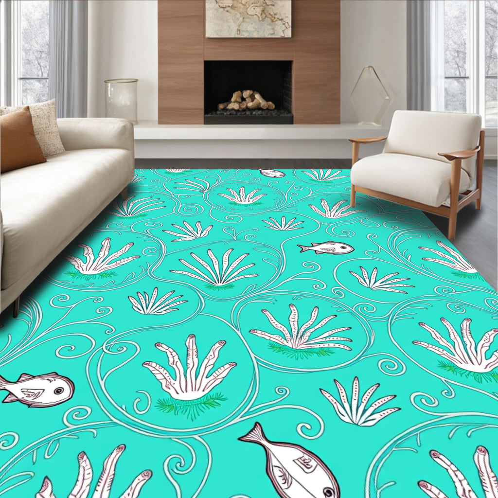 Teal Underwater Coral Fish Swirl Rug