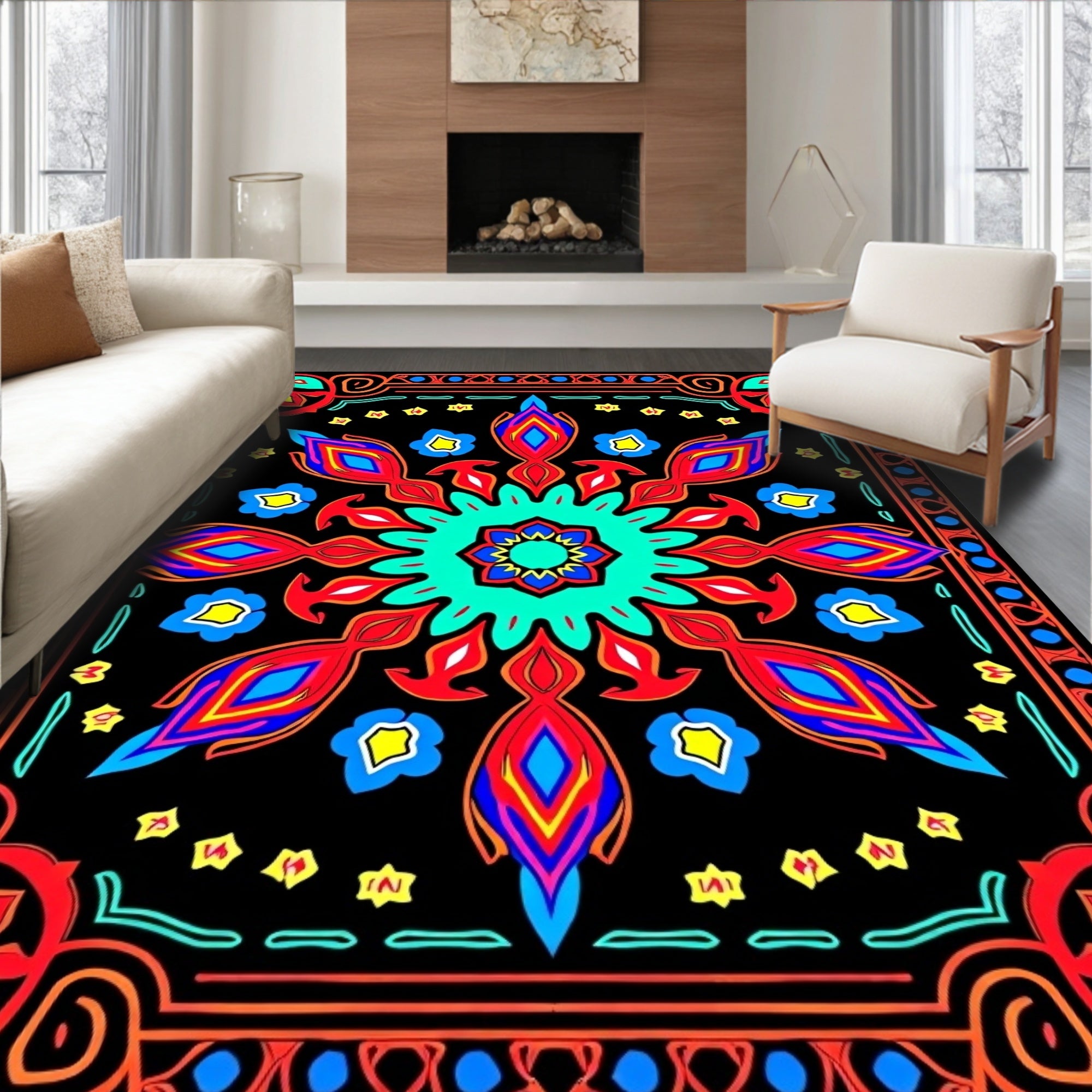 Vibrant Red Blue Floral Medallion Rug