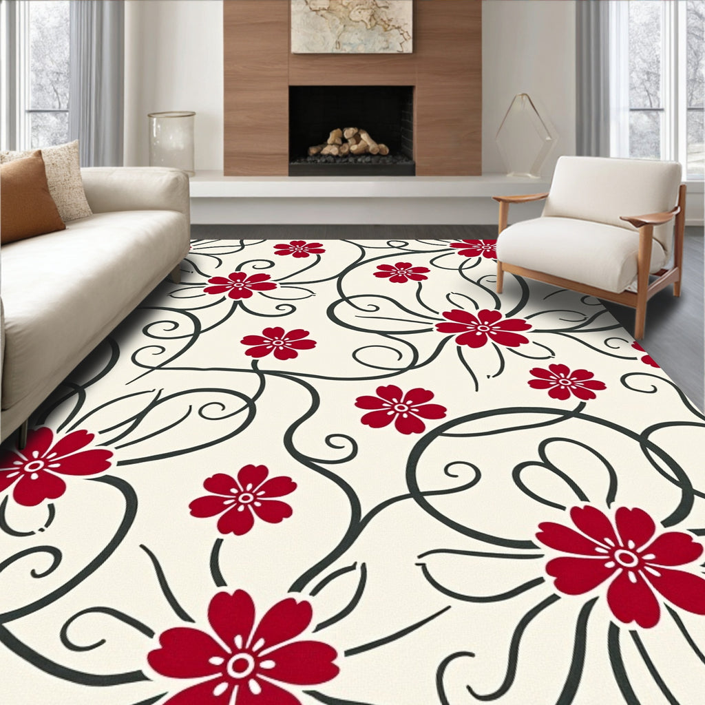 Red Blooming Vines Swirl Rug