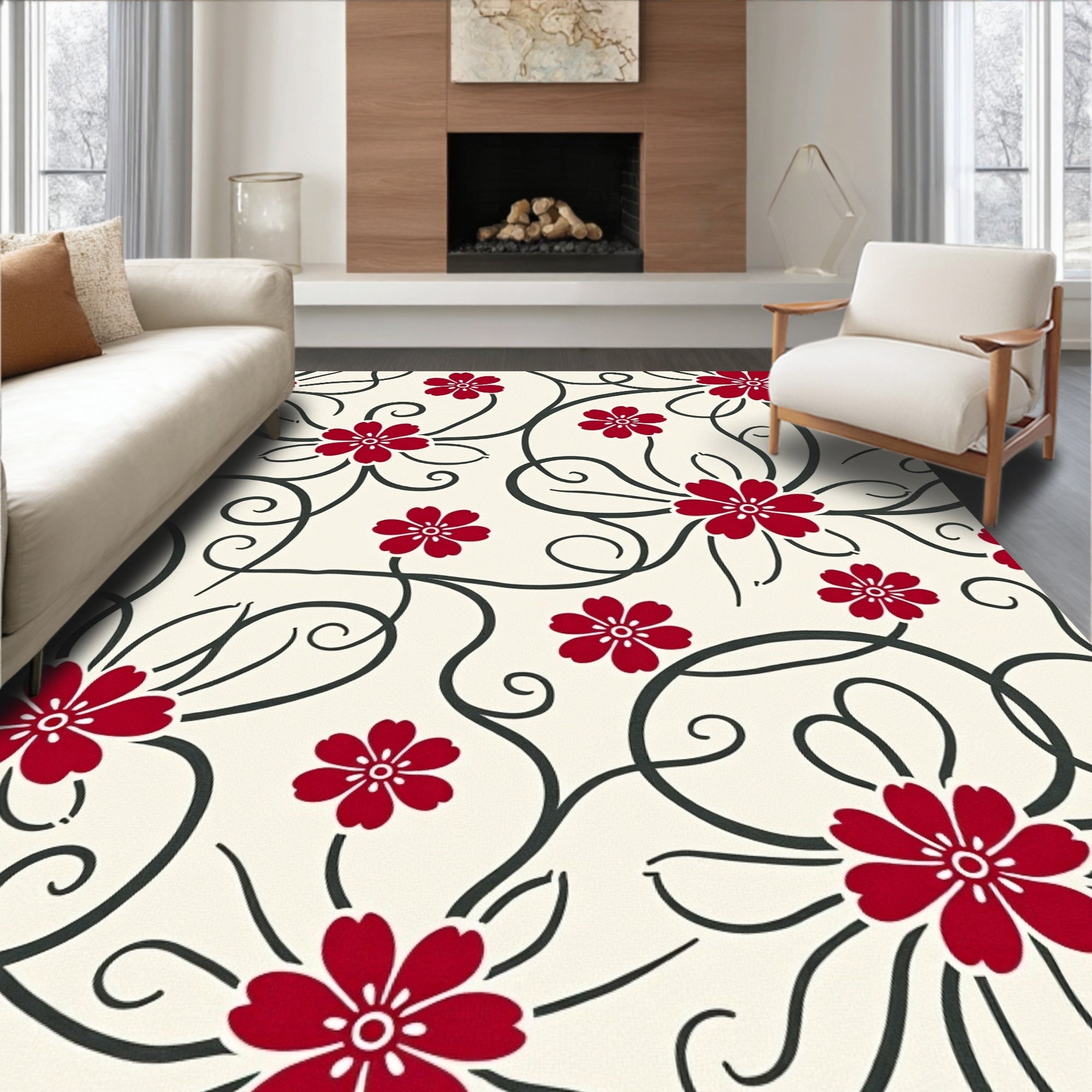 Red Blooming Vines Swirl Rug