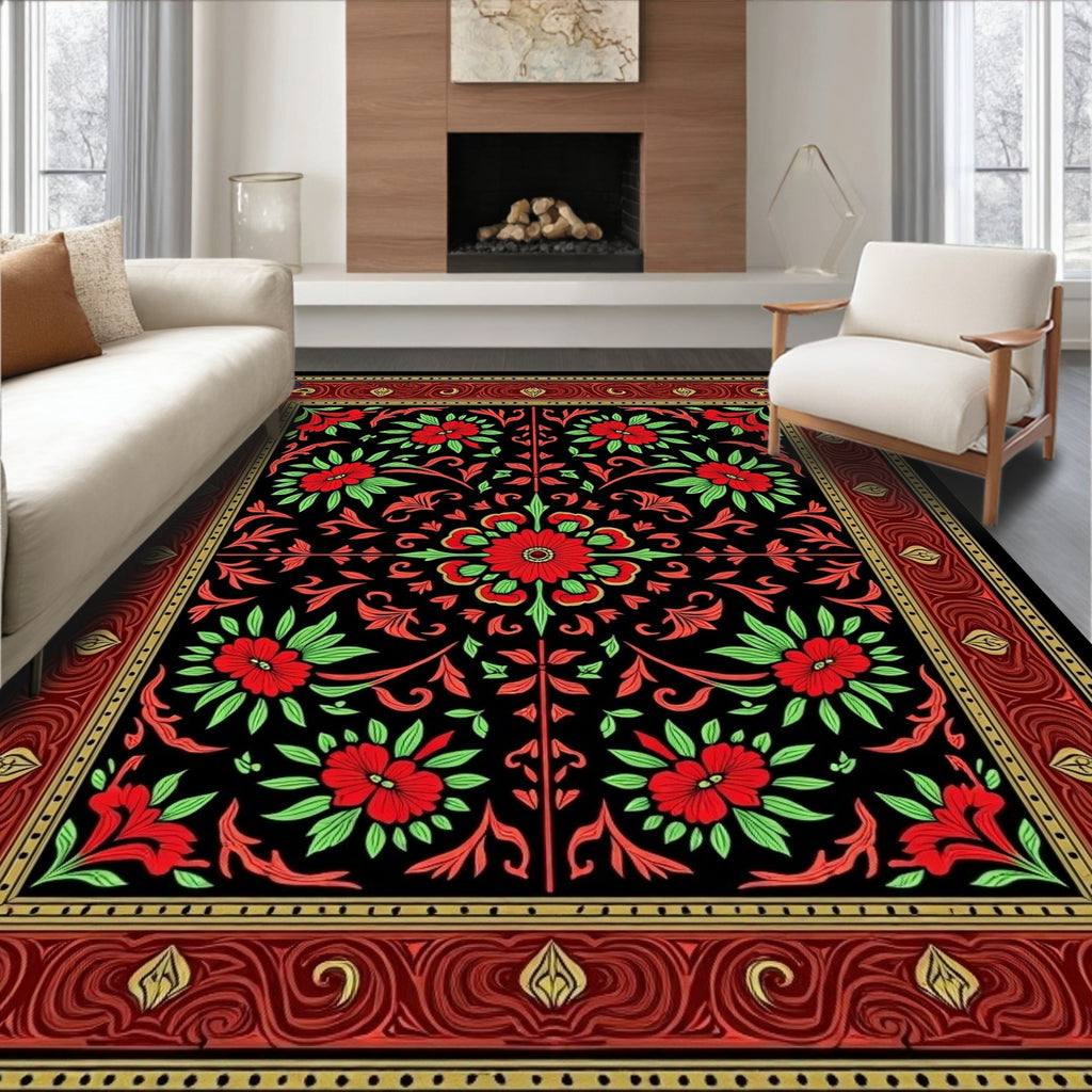 Crimson Floral Scrolls Black Border Rug