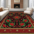 Crimson Floral Scrolls Black Border Rug