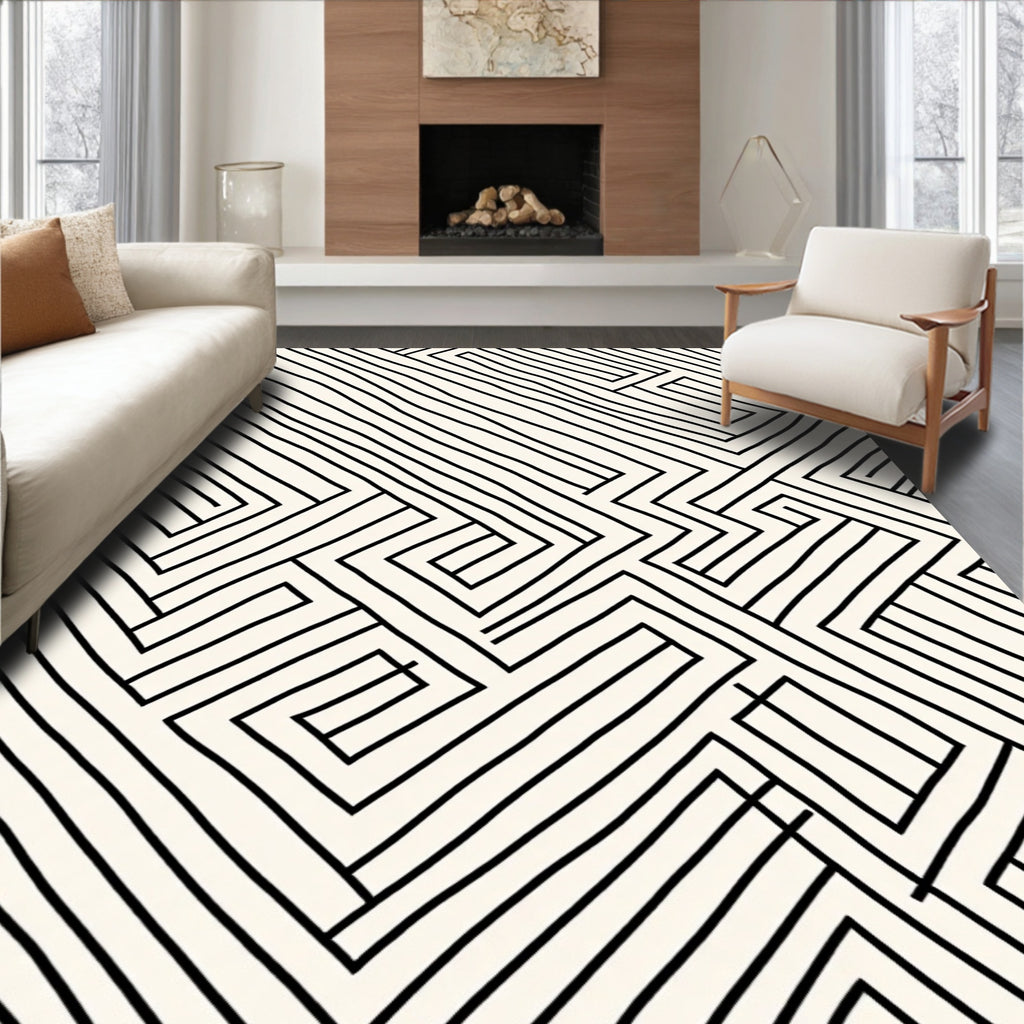 Abstract Black White Maze Line Rug