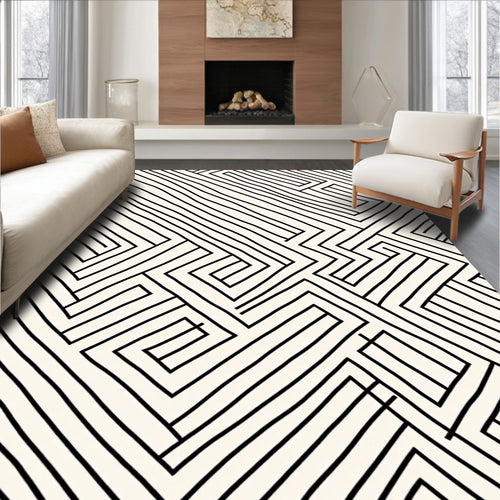 Abstract Black White Maze Line Rug