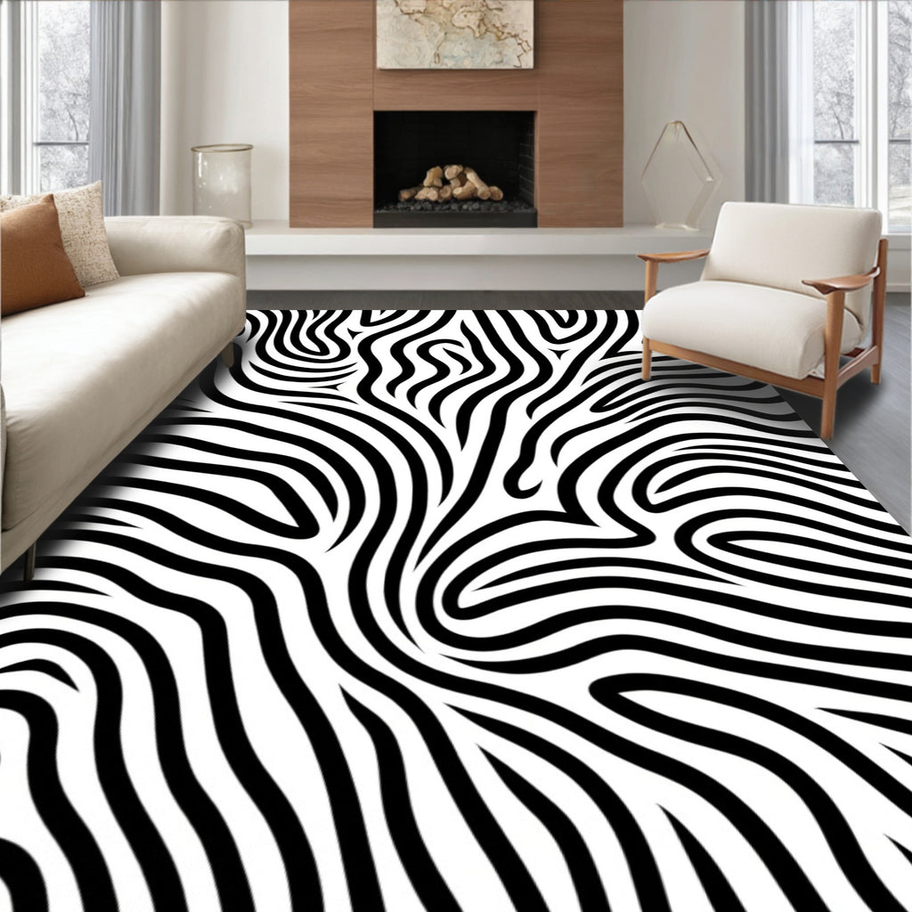 Black White Organic Swirl Lines Rug