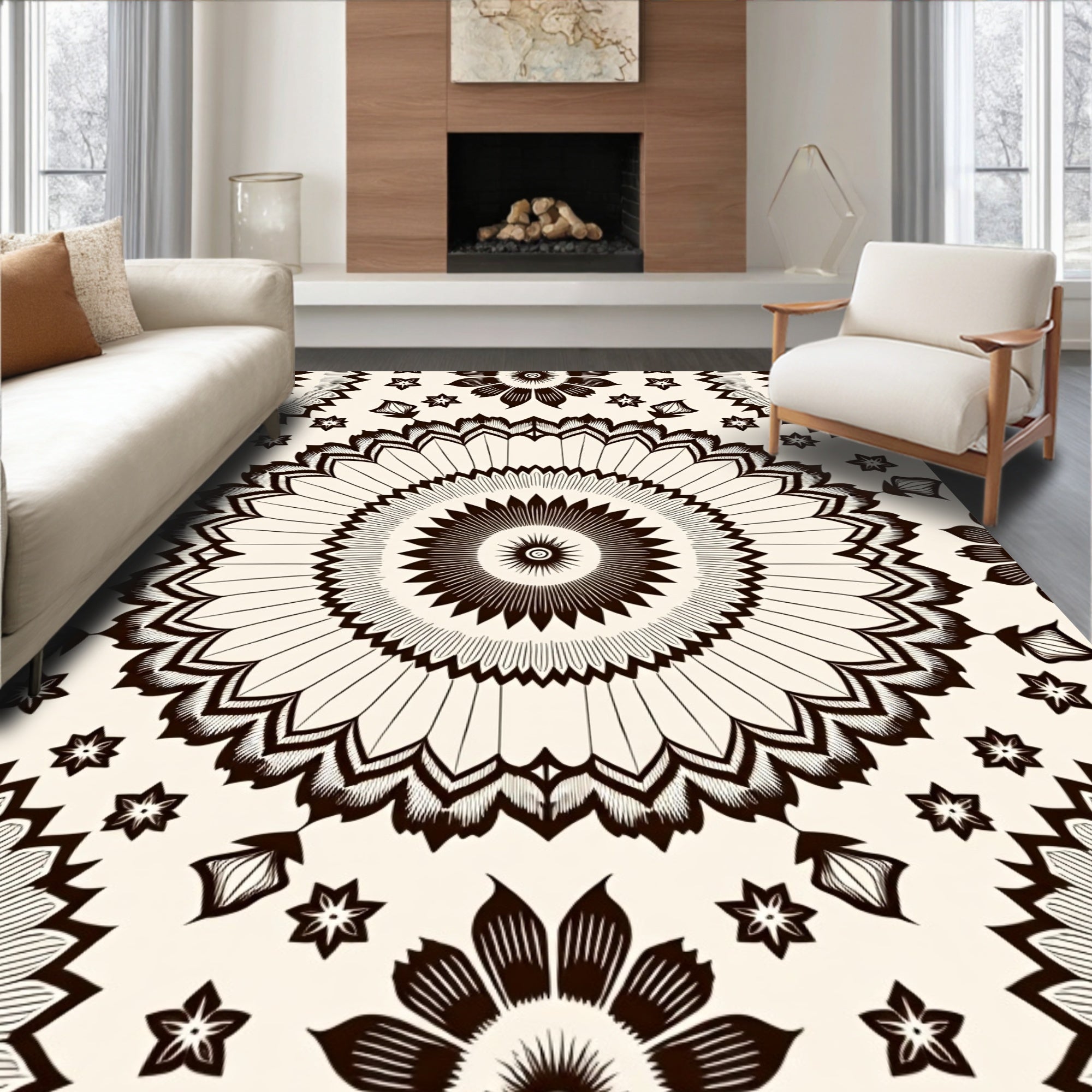 Brown Floral Sunburst Mandala Rug