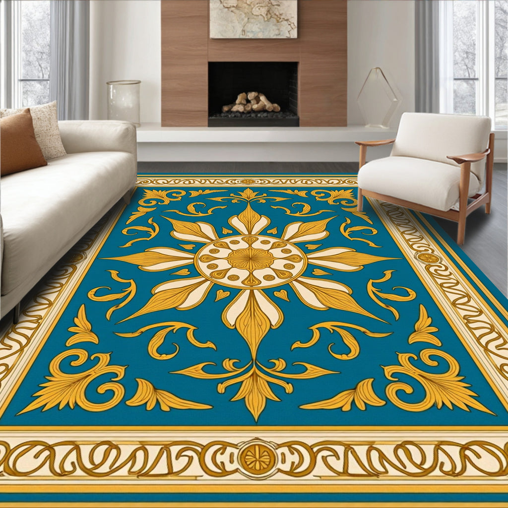 Golden Teal Floral Symmetry Medallion Rug