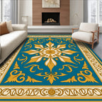 Golden Teal Floral Symmetry Medallion Rug