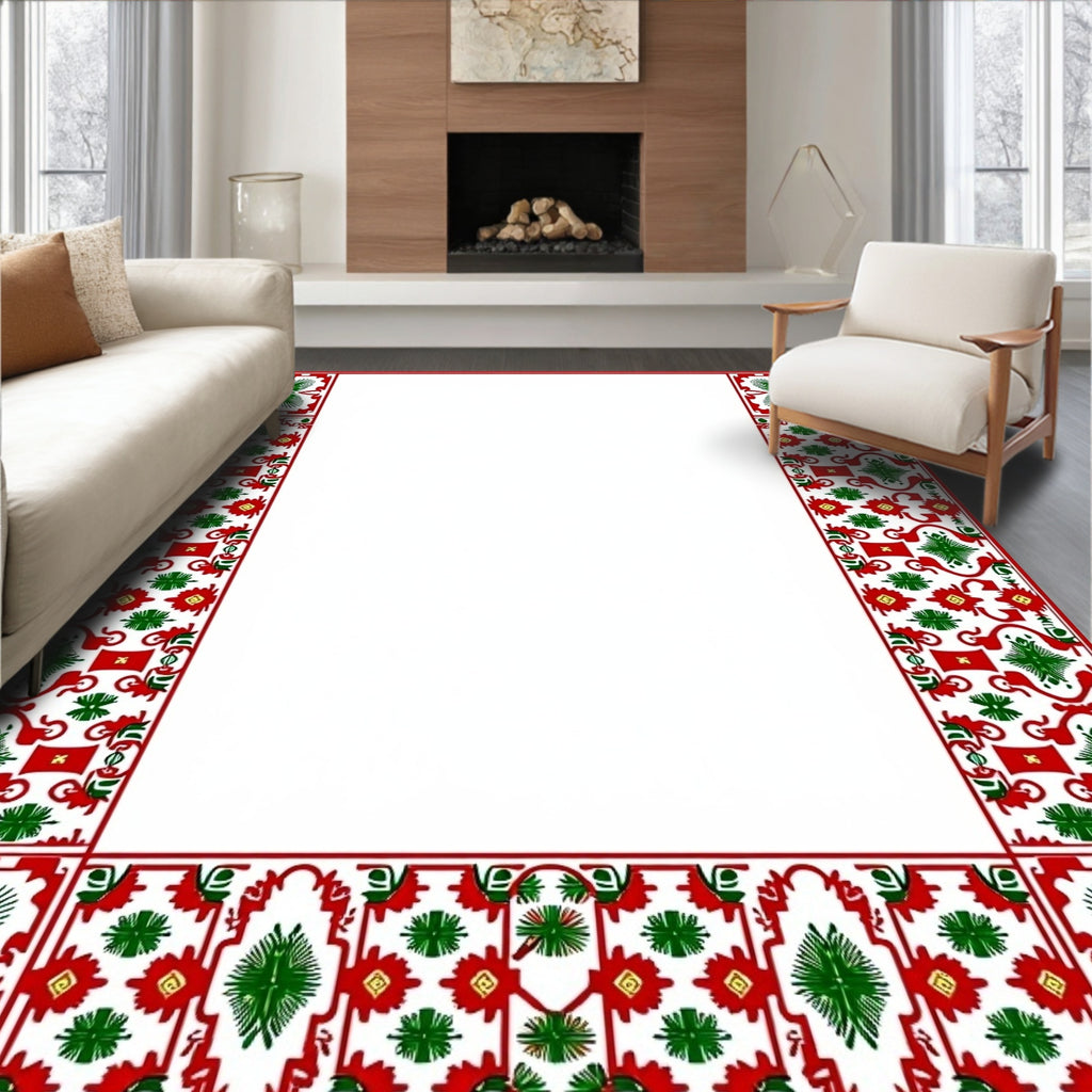 Crimson Green Floral Ethnic Border Rug