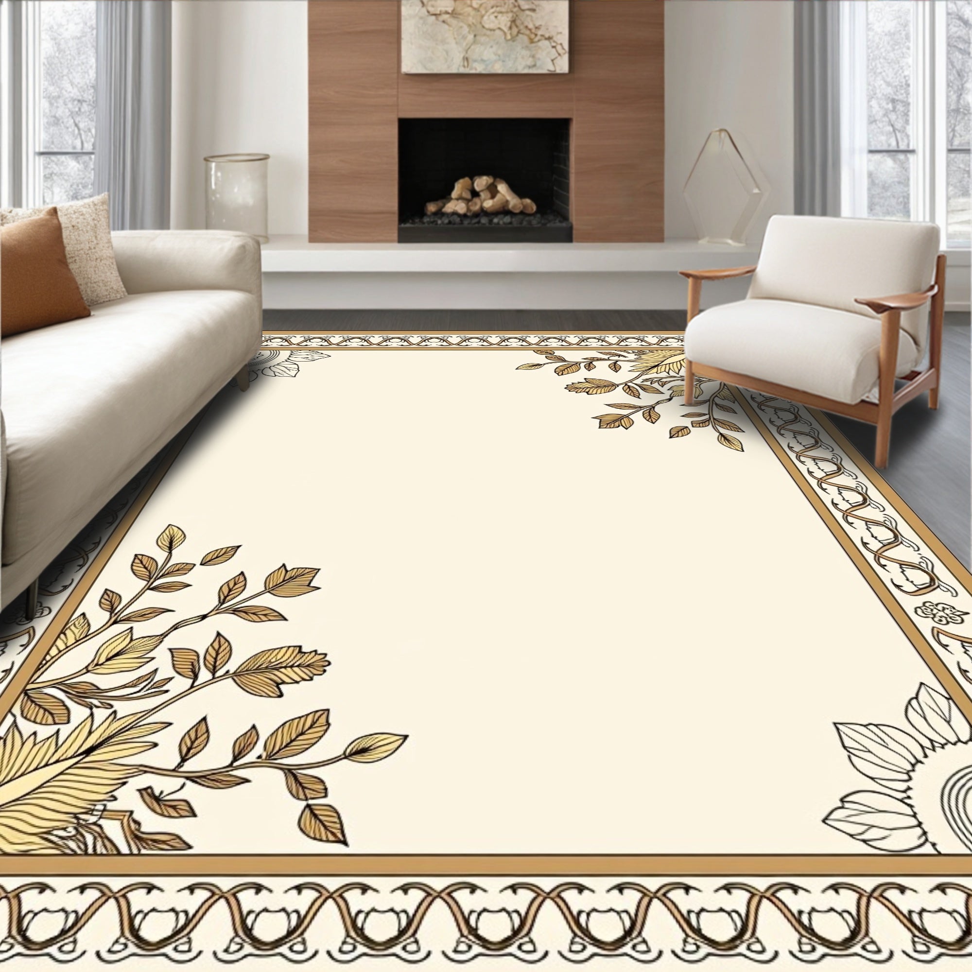 Cream and Gold Leaf Border Rug