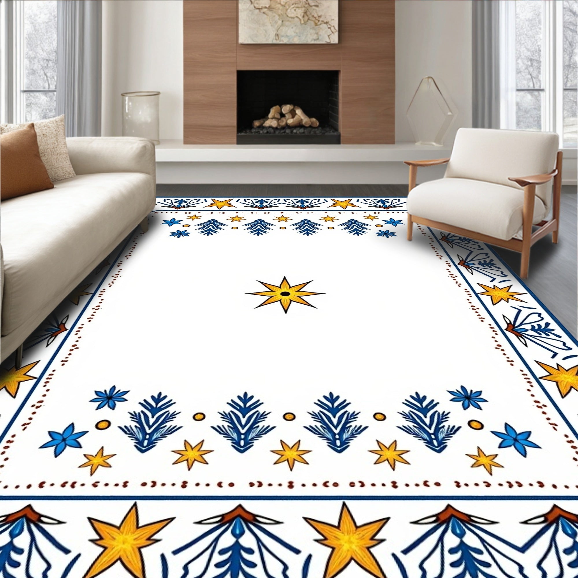 Blue Yellow Star Border Floral Rug
