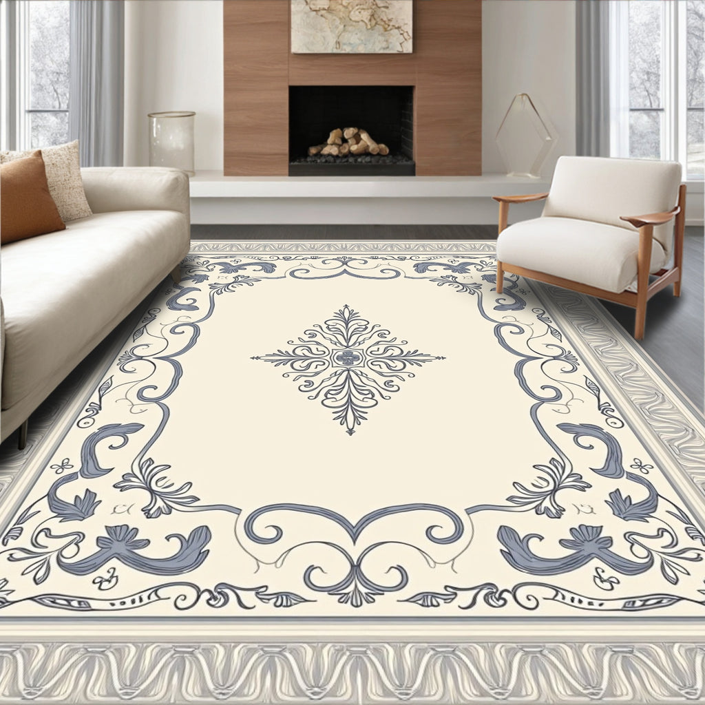 Cream Blue Floral Scroll Border Rug