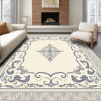 Cream Blue Floral Scroll Border Rug