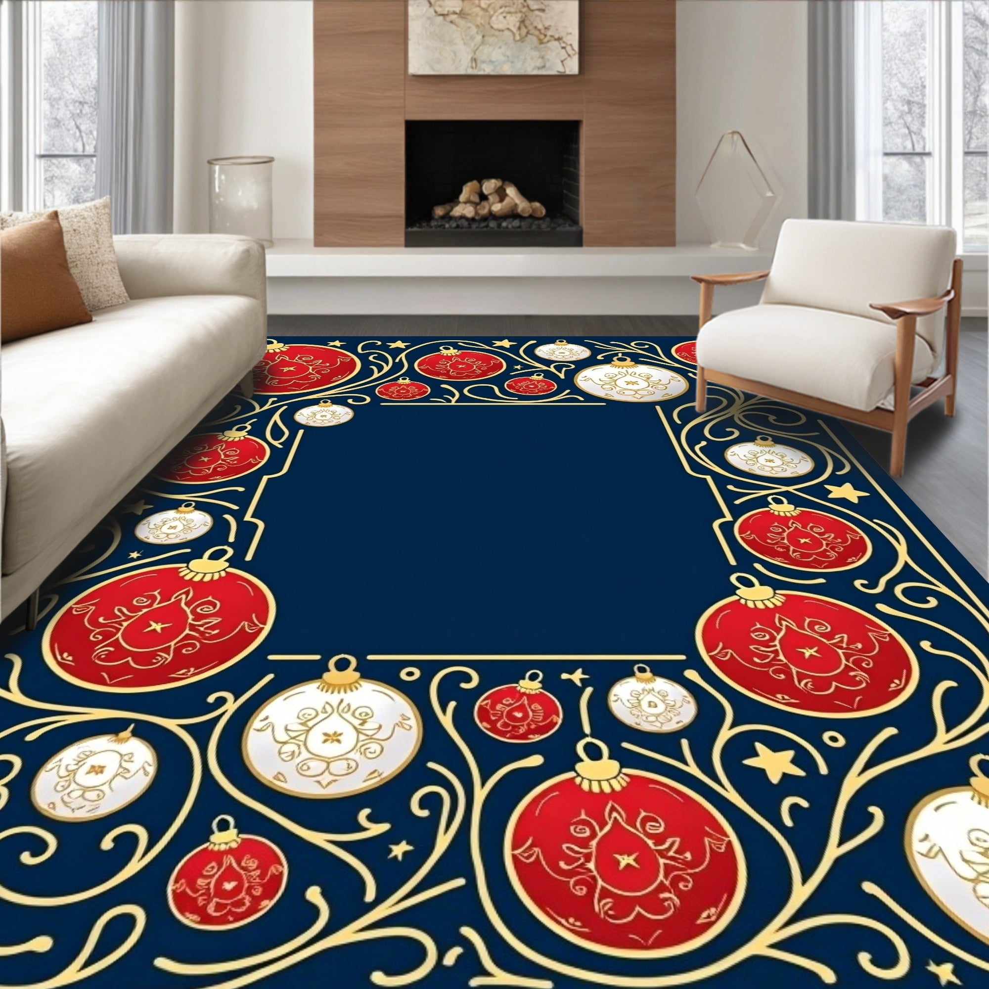 Crimson Gold Ornate Holiday Bauble Rug
