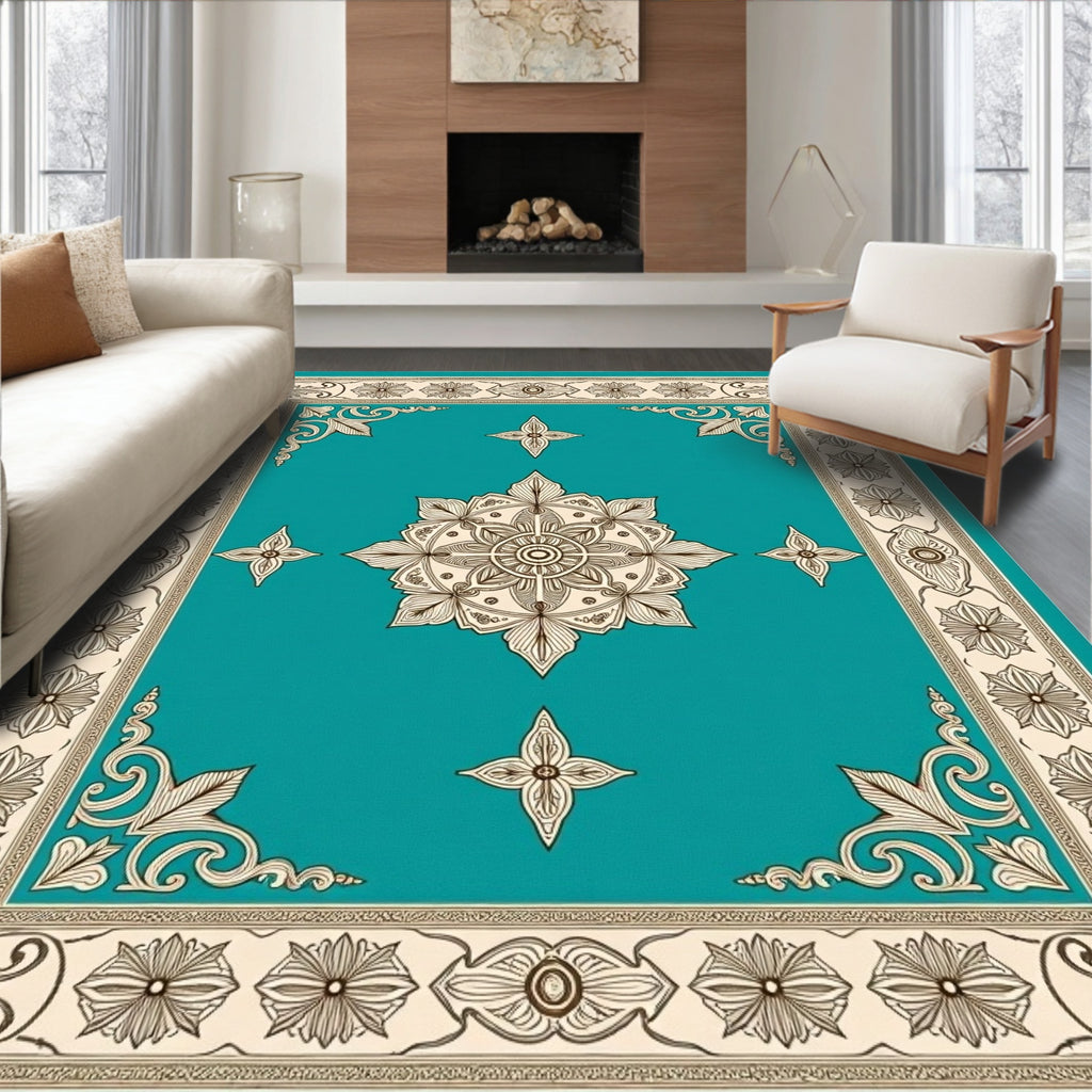 Teal Medallion Floral Border Rug