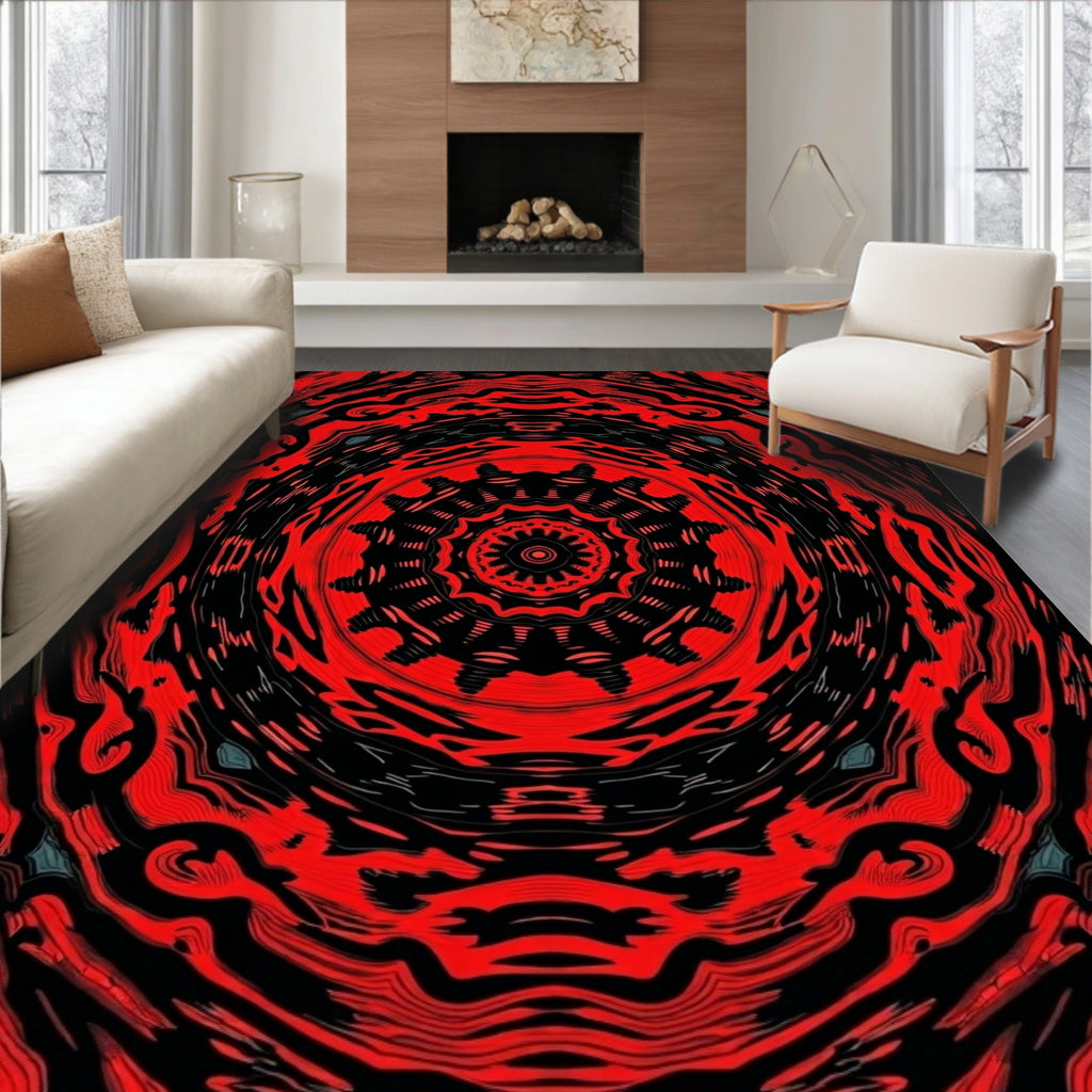 Fiery Red Abstract Kaleidoscope Rug