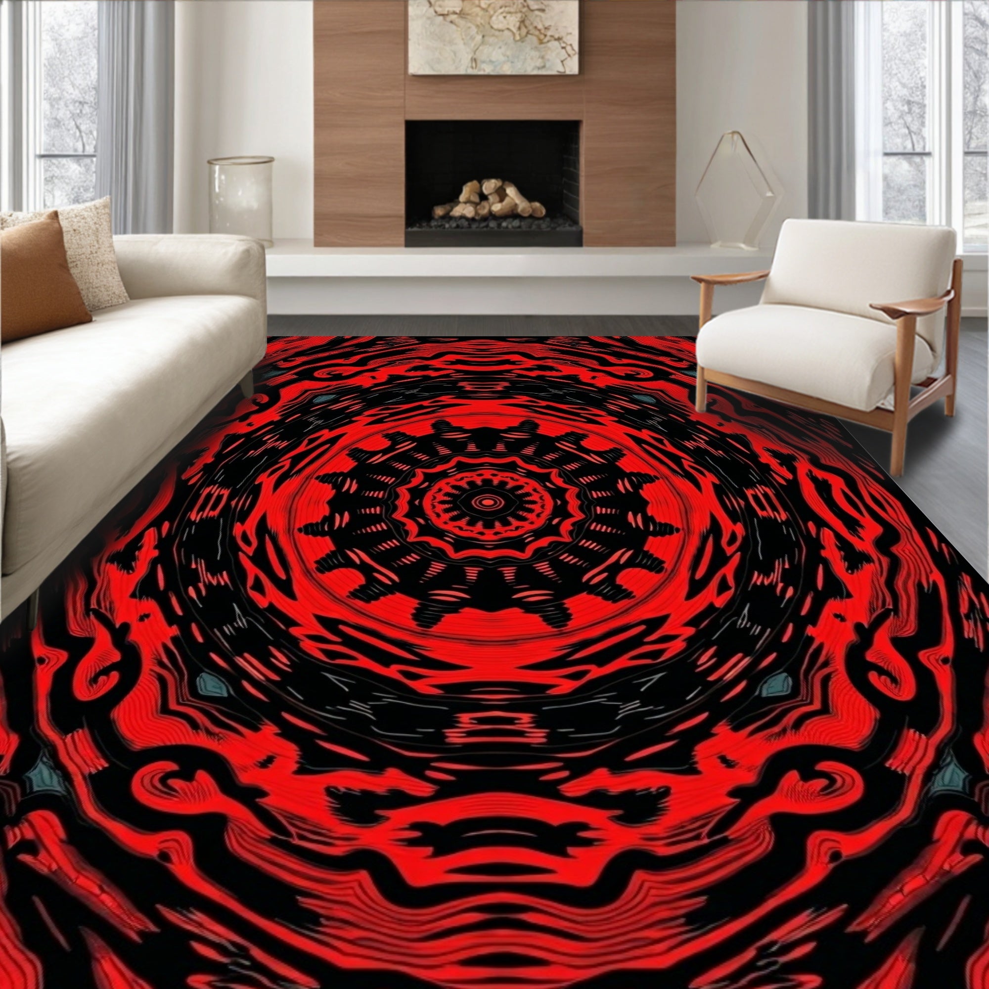 Fiery Red Abstract Kaleidoscope Rug