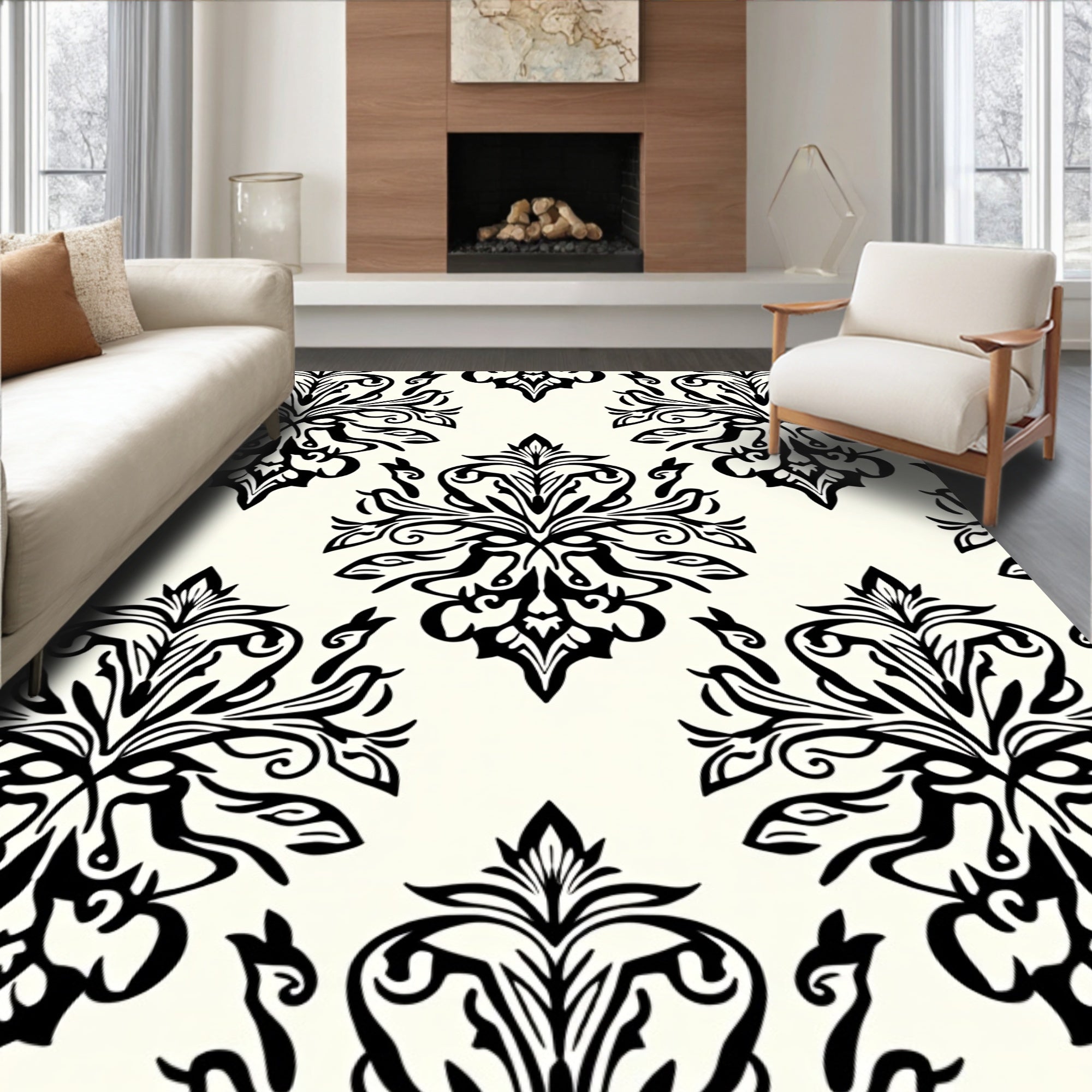 Classic Black and Cream Damask Ornament Rug