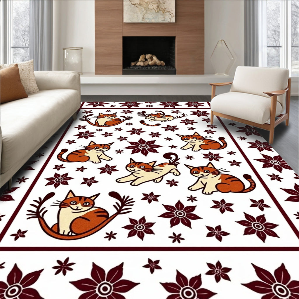 Playful Orange Tabby Cats Floral Rug