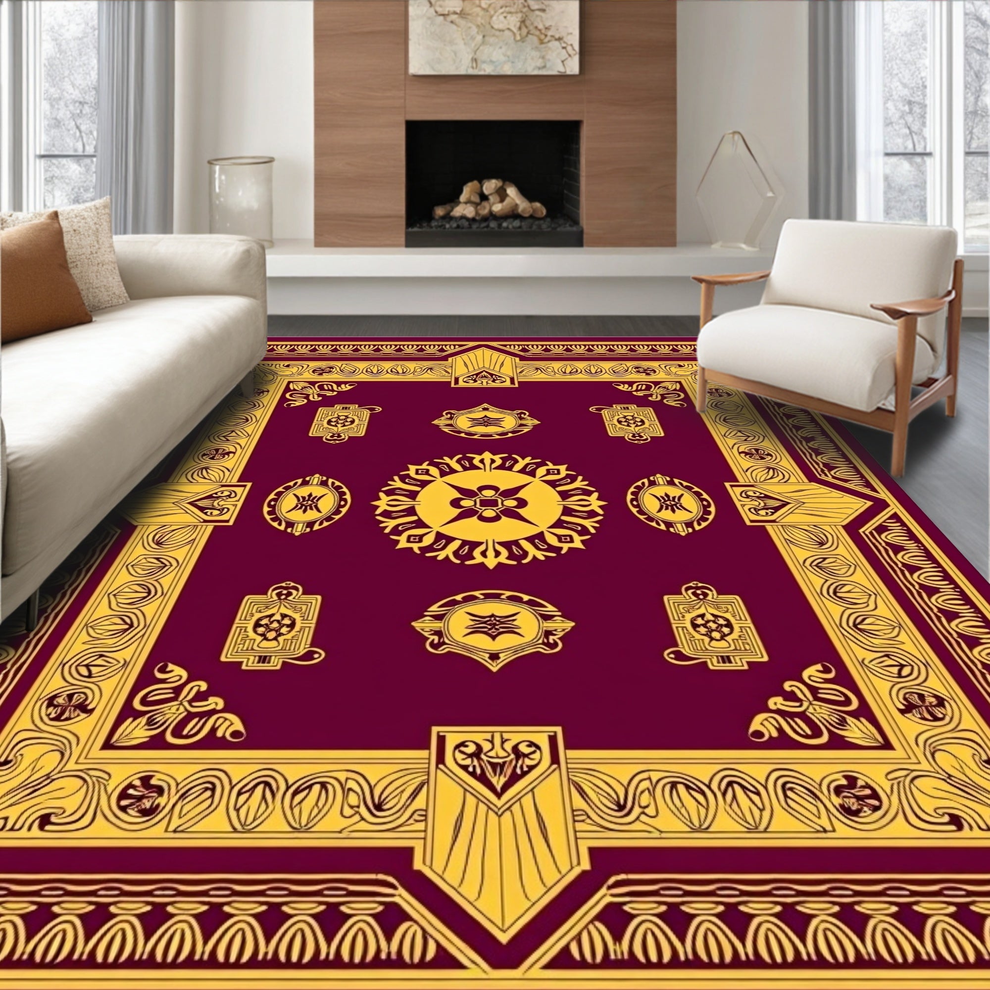 Rich Burgundy Gold Medallion Border Rug