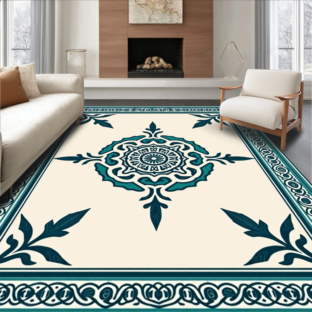 Teal Medallion Ivory Bordered Rug