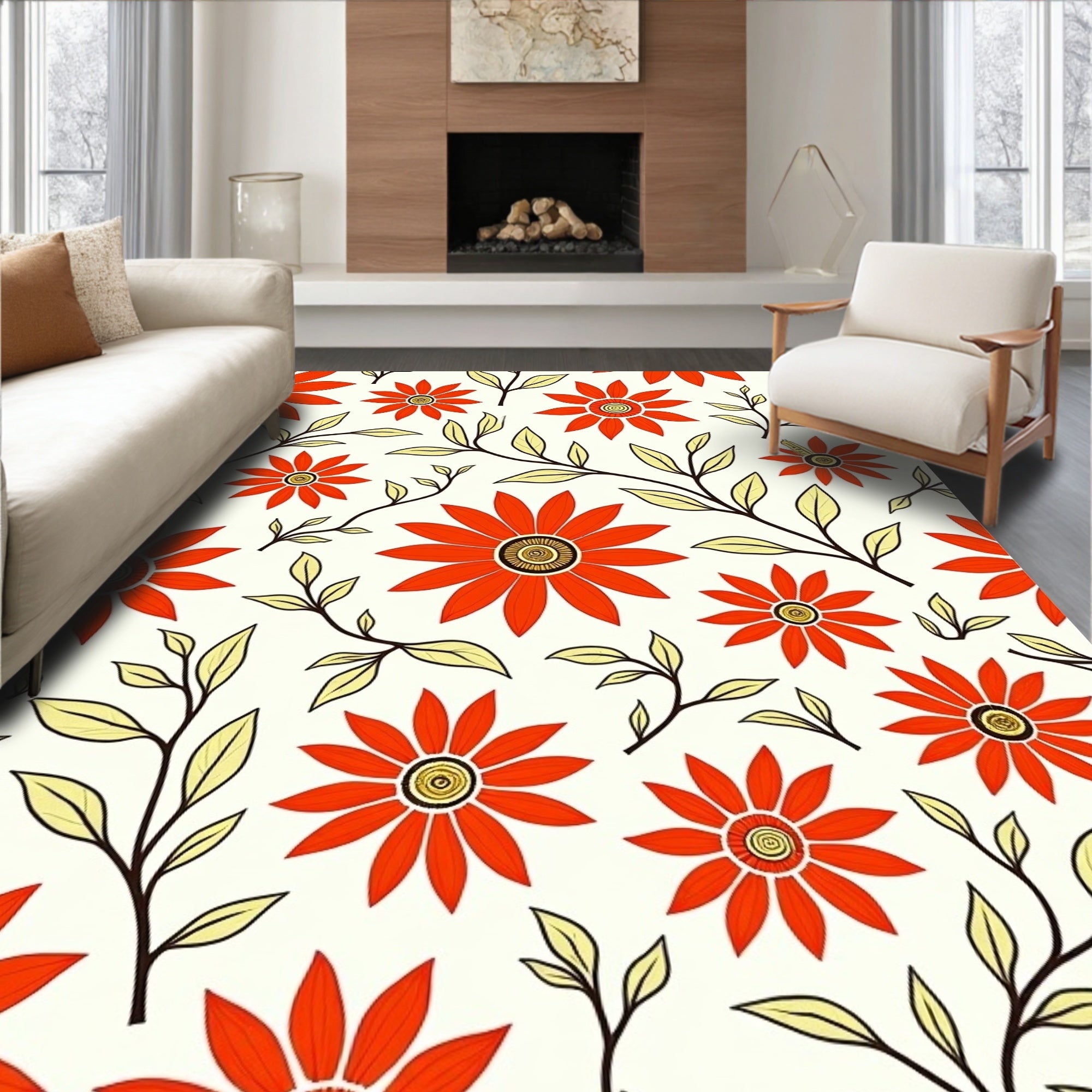 Vibrant Red Floral Foliage Scatter Rug