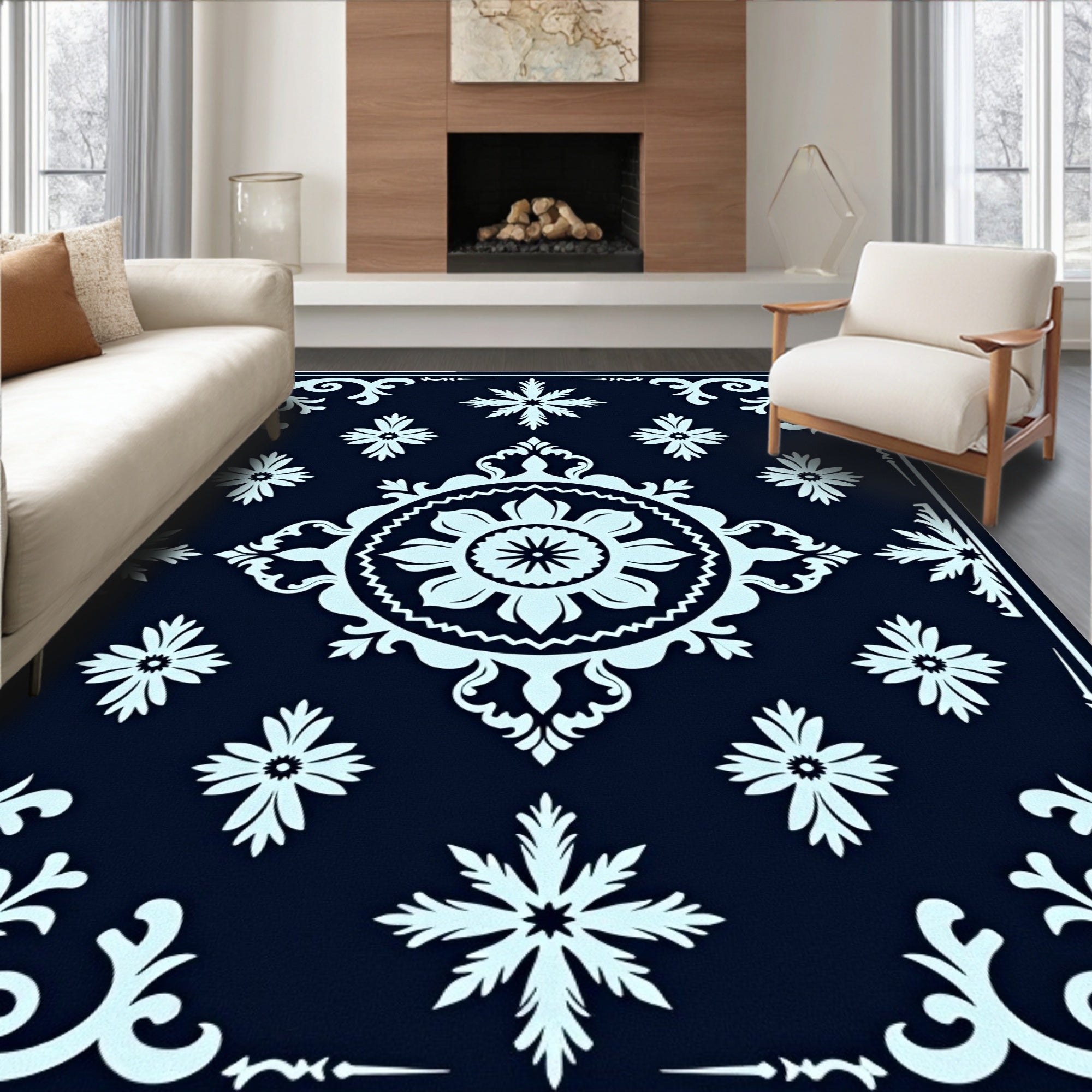 Dark Blue Floral Medallion Mandala Rug