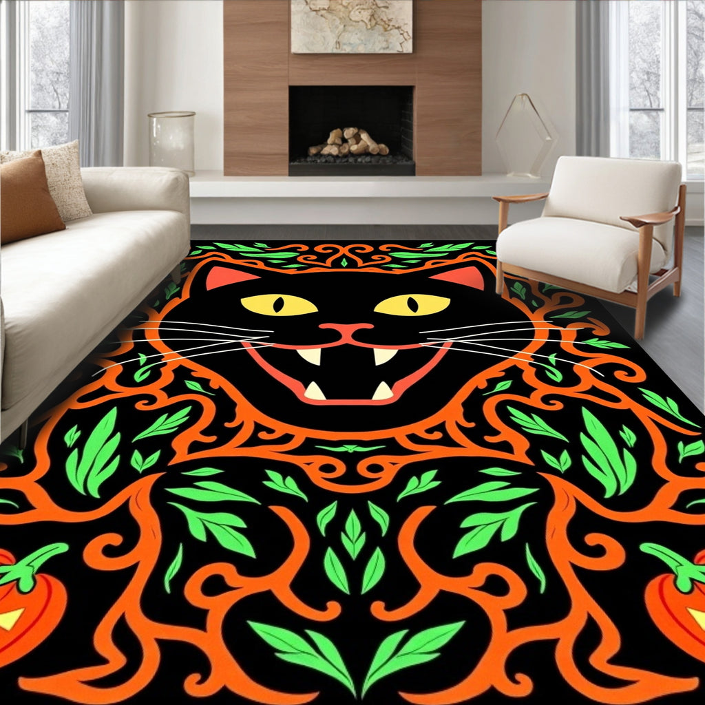 Halloween Black Cat Pumpkin Vines Rug