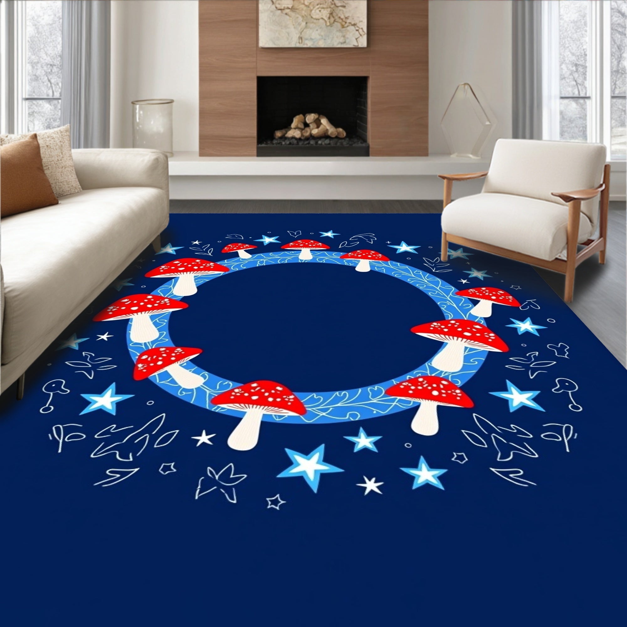 Whimsical Red Mushroom Stars Garland Rug
